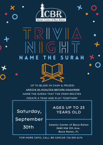 Trivia Night "Name The Surah" Sept. 30th.